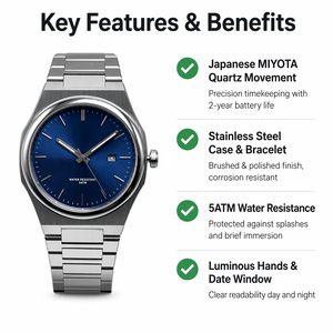 Orologio da Uomo Ultra Sottile in Acciaio Inossidabile con Quadrante Blu Sunburst, Movimento al Quarzo Giapponese Miyota, Impermeabile 5ATM, Logo Personalizzato, Stile Business - Product Image 3
