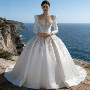 Vestido de Novia de Encaje con Falda de Tul, 100% Poliéster, Tela de Alta Calidad con Cola Larga, Diseño Francés, Súper Encantador y de Fantasía - Product Image 1