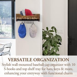Wooden Wall Mounted Baseball Cap Storage <b>Rack</b> Single Layer Hat Organizer For Home Use With Hooks And Shelf - Product Image 5