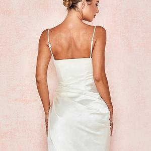 MANNI Femmes Sexy Satin Froncé Côté Asymétrique Col V Moulante Robes Blanc Robe De Soirée Cami - Product Image 4