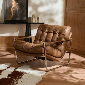 Sillón Individual Nórdico Retro de Cuero Genuino, Estructura Inclinable y Cómoda, Chaise Longue para Sala de Estar - Product Image 4