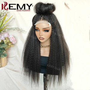 KEMY HAIR Parrucca Kinky Straight Yaki all'ingrosso, senza colla, in capelli umani brasiliani misti con fibra sintetica HD trasparente 4*6 Lace - Product Image 6