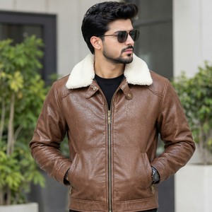<b>Men's</b> Brown <b>Leather</b> <b>Jacket</b> With <b>Faux</b> Fur Collar Zipper Closure Biker Style - Product Image 1