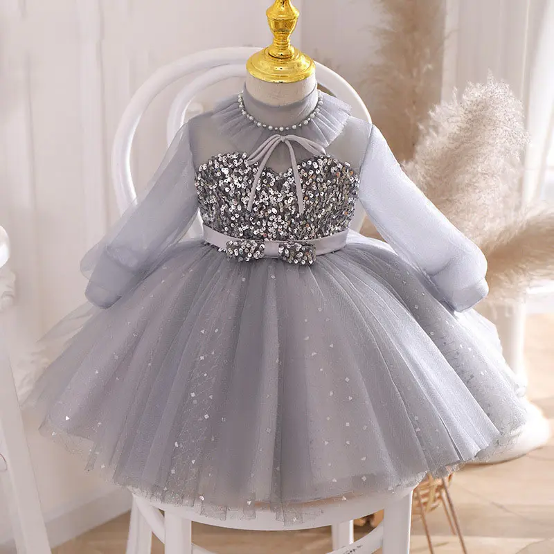 Primavera nuevo vestido de princesa de cumpleaños de moda para niños vestido de fiesta de boda para niños con lentejuelas para vestido de niña