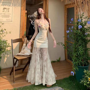 Vestido Largo de Verano para Mujer, Estilo Francés, con Encaje Floral, Malla Transpirable, Crepé, Elegante, Línea A, Blanco, Sin Tirantes, Natural - Product Image 2