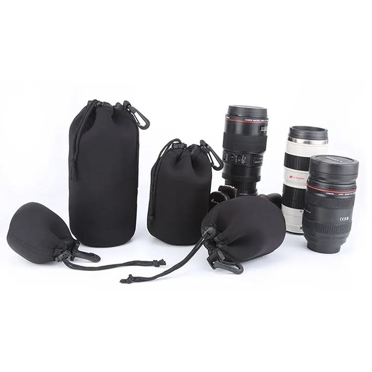 Customized black camera super telephoto lens holder bag filter storage bags waterproof neoprene lens drawstring pouch