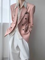 Blazer unisexe rose poudré à revers pointus et double boutonnage, style coréen tendance, pour le bureau, les soirées et le quotidien