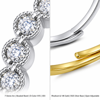 Bague ajustable en moissanite couleur D VVS, sertie clos, en argent S925 plaqué rhodium et or 14K, taille 3EX, pour usage quotidien
