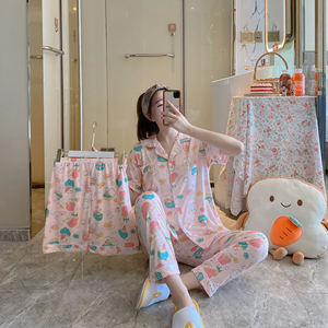 Importation coréenne 3 pièces ensemble manches courtes printemps vêtements de nuit taille élastique Baju Tidur Daster Pijama pour <span class=keywords><strong>femmes</strong></span> vie quotidienne Style tissé - Product Image 5