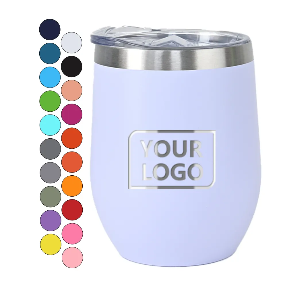 Custom logo 12oz 12 oz thermal Stemless Wine Glasses Double Wall Vacuum Travel Mugs Tumbler cup Wine Tumbler Glasses with Lid