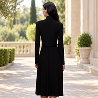 Robe midi décontractée pour femme, col montant, manches longues, noire unie avec ceinture, vente en gros personnalisée