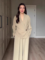 Setelan Pakaian Wanita Baru Sederhana V-Neck Lengan Panjang Kancing Logam Kasual Longgar Anti Kusut Jaket dengan Celana