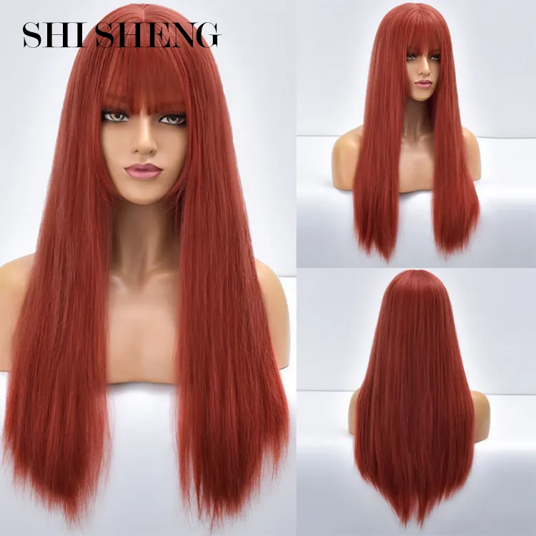 SHI SHENG Best Orange Red Long Synthetic Straight Hair Wig With Bangs for Black White Women Heat Resistant Cosplay Wig
