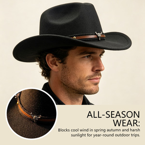 Chapeau de cowboy western marron à large bord avec bande à motif crâne de taureau pour la pratique de la randonnée en plein air - Product Image 4