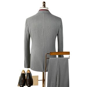 Traje de hombre a medida transfronterizo gris a rayas, corte ajustado, doble botonadura, con cuentas, para banquetes, negocios, formal, de <span class=keywords><strong>caballero</strong></span> - Product Image 2
