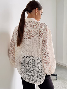 Enyami Chic Brand Feminino Leisure Lace Hollow Out Design Boxy camicie a maniche lunghe bianche camicette da donna Top allentato da donna - Product Image 5