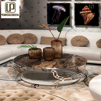 Luxuriöses Wohnzimmer-Möbelset aus Holz, modernes geschwungenes, kontrastfarbenes, getuftetes, rundes, C-förmiges Stoffsofa, anpassbar