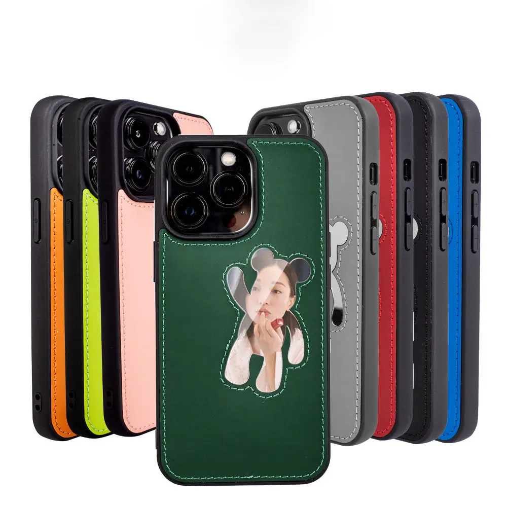 Custom PU Leather Cute Cartoon Bear Shaped Phone Cover Mirror Fashionable Shockproof Phone Case for iPhone 11/12/13