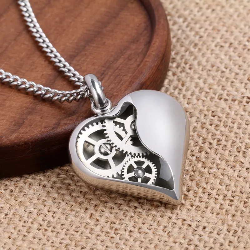 Custom Stainless Steel Mini Heart Locket Shaped Pendant Necklace Inside Polished Brushed Gears collier coeu collarr