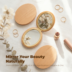 Espejo Compacto Ovalado de Madera de Haya Natural Ecológica, Marco de Metal Dorado de Lujo, Espejo de Maquillaje de Bolsillo de Doble Cara con Cristal HD - Product Image 1