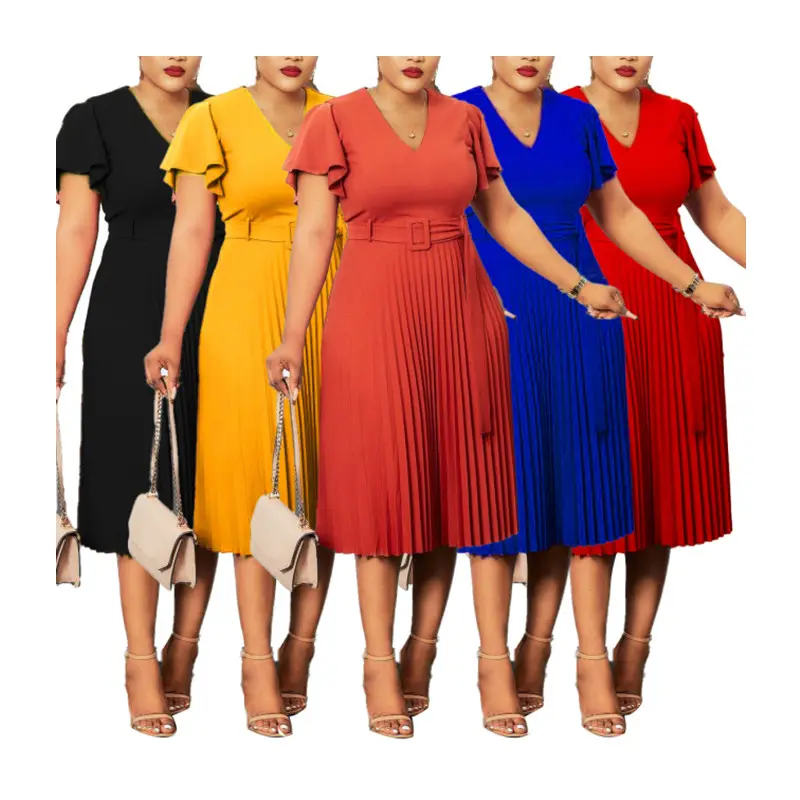 Hete Verkoop Plus Size Afrikaanse Jurken Dames Elegant Kantoor Losse Mid Rok Zomer Casual Effen Kleur Vrouwen Formele Carrière Jurken