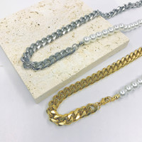Collier pas cher moitié perles, moitié chaîne R.GEM. Collier chaîne cubaine en acier inoxydable plaqué or 18 carats pour hommes