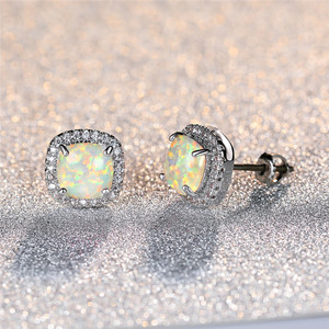 Silver Color White Fire Opal Square Stone Screw Back <strong>Earrings</strong> for Women Vintage Fashion Charming Jewelry - Product Image 4