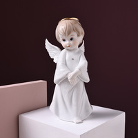 Figurine d'ange en céramique brillante, ailes dorées, chérubin ailé, artisanat en résine, robe blanche, bleu clair, gris, mini ornement de bureau