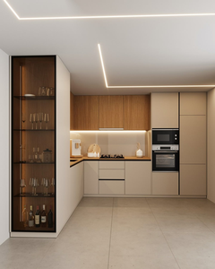 Ensemble complet sur mesure de meubles de <span class=keywords><strong>cuisine</strong></span> <span class=keywords><strong>en</strong></span> L bicolores crème clair avec éclairage LED sous-armoire et meuble à verres à vin autoportant - Product Image 1