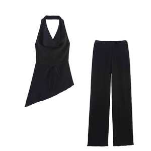 New Women's Hanging Neck Asymmetrical <b>Top</b> With Drapey Pants 2-Piece Set Fashion - Product Image 2