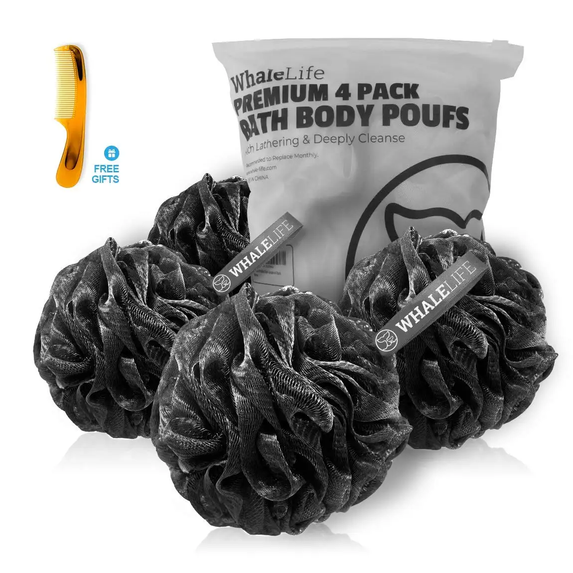 Shower Puff 4 Pack Black Bath Sponge Shower Loofahs Pouf Ball Nature Bamboo Charcoal Mesh Bulk Puffs Large