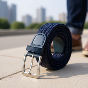 Correa de cuero elástica trenzada azul oscuro de 3.5 cm para hombres y mujeres - Product Image 2