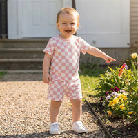 Tenue d'été 2 pièces pour bébé fille, hauts gaufrés à manches courtes imprimé damier, short à taille élastique