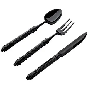 Plastic Disposable Plastic Dinnerware Set Cutlery in Black White Knife/Fork/Spoon/Napkin 20cm Gothic Style for Parties Supplies