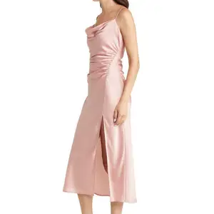 High Quality Custom Sexy Women Ruched Dress Summer Halter Midi Satin Night Slip Dress For Women