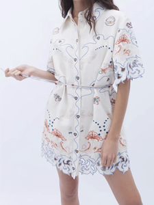 Robe Courte Femme Style Français Taille Naturelle Silhouette Évasée 100% Coton Col Rabattu Broderie Lourde Boutonnage Simple - Product Image 2