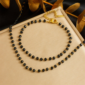 European American Retro Bohemian Stainless Steel Resin Black Bead Chain Necklace <b>Bracelet</b> <b>Set</b> For Women Party Jewelry - Product Image 1