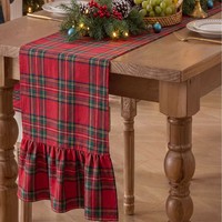 Chemin de table géométrique brodé de Noël, double couche, bords volantés, polyester/coton, style rustique, lavable en machine et à la main