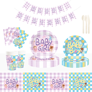 Juego de vajilla desechable para fiesta de revelación de género de bebé DAMAI, platos de papel con diseño a cuadros para suministros de baby shower, para 8 personas. - Product Image 1