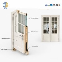 Portes doubles en bois massif de couleur crème, surface peinte, avec panneaux en verre, adaptées aux chambres, aux salles de bain et aux balcons