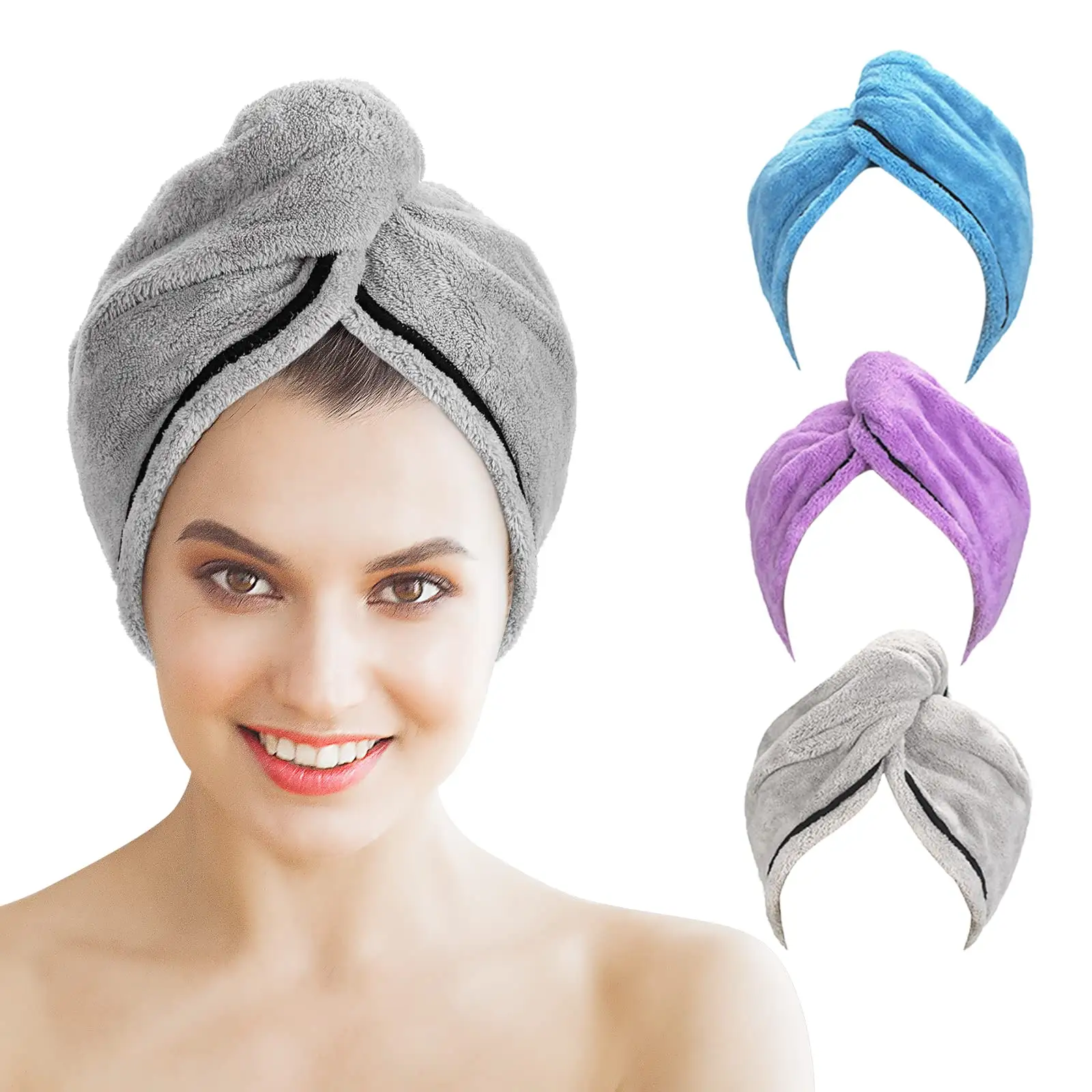 व्यक्तिगत लपेटें Microfiber बाल तौलिया सुपर शोषक त्वरित सूखी नरम जादू पगड़ी तौलिया बटन के साथ महिलाओं के लिए