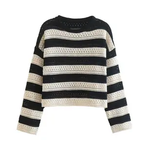 MY2389 New 2022 European Design Black White Striped Print O Neck Hollow Out Sweater Women Knitwear Clothes 9