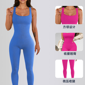 Combinaison une pièce européenne/américaine à fines bretelles larges côtelées, pantalon moulant, tenue de yoga et fitness sans coussinets de poitrine - Product Image 2