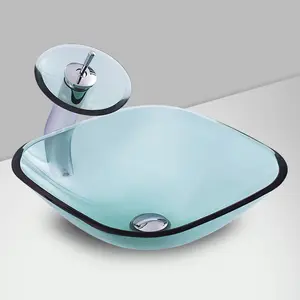 Vidro temperado Azul banheiro fornecedores contador pequeno vidro bacia mão lavatório
