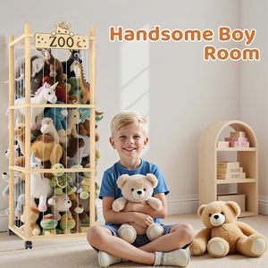 <span class=keywords><strong>Tour</strong></span> de <span class=keywords><strong>rangement</strong></span> pour animaux en peluche en bois de pin sur le thème du zoo, 56 pouces, avec <span class=keywords><strong>roulettes</strong></span>, support, bande élastique, fond en maille, organisateur de jouets pour la chambre - Product Image 5
