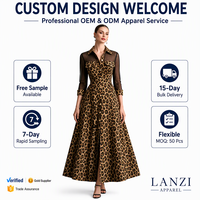 Gaun Maxi Wanita Motif Leopard dengan Lengan Jala Transparan dan Kancing Depan, Produsen Label Pribadi