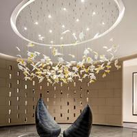 Lustre LED de luxe personnalisé, carré, à hauteur réglable, moderne et créatif, en forme de feuille d'érable, en pierre artistique, pour hall d'hôtel et escalier