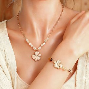 Stainless Steel Necklace <b>Set</b> With Flower Pendant Natural Stone <b>Beads</b> 18K Gold Plated Elegant Clavicle Chain Gift For Women - Product Image 1