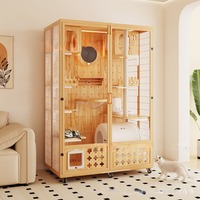 Maison pour chat en bois de luxe avec porte transparente et trou d'éclairage intégré, panneau arrière, porte en verre trempé à faire soi-même