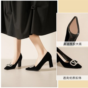รองเท้าส้นสูงแบบสวม 7188N-219 กำมะหยี่ ปลายแหลม ส้นหนา พื้นยาง หัวเข็มขัด รองเท้าทำงาน ส้นสูง สำหรับผู้หญิง ชุดทำงาน - Product Image 1